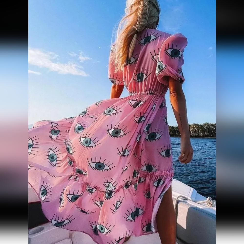 EUC Pink Evil Eye Beach Cover Dress ONE SIZE